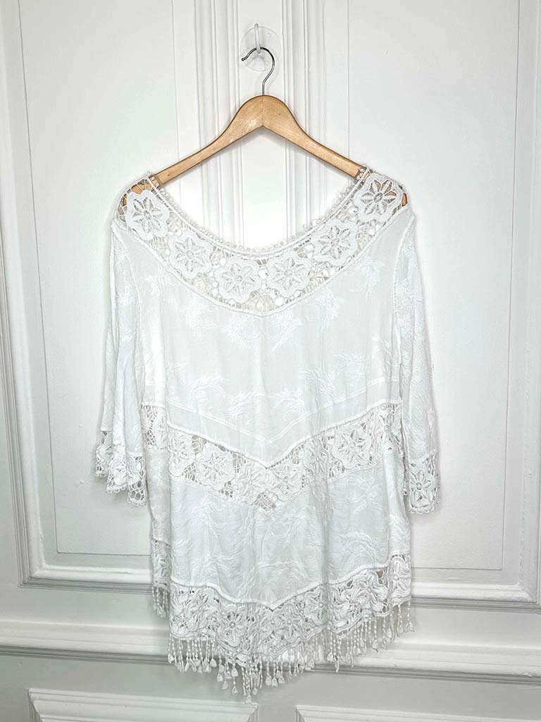 Floral Crochet Fringed Top - White