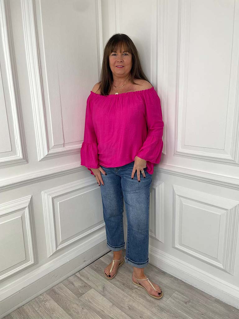Bardot Frill Sleeve Top - Hot Pink