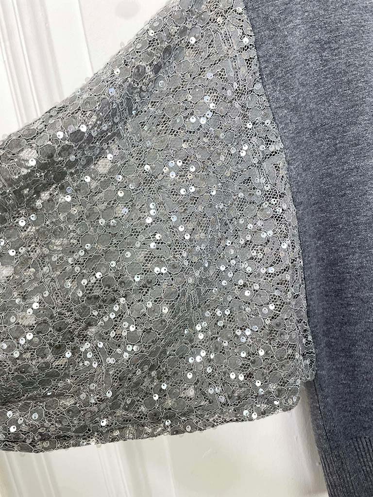 Sequin Lace Sleeve Knit - Silver Grey