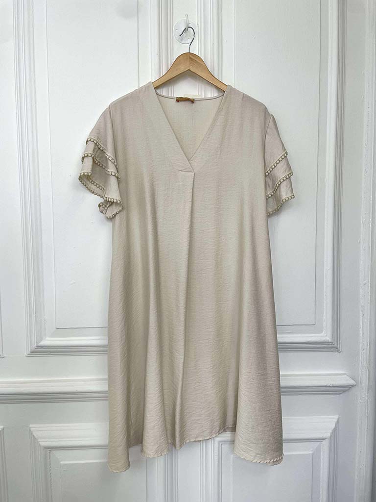 Crochet Frill Sleeve Dress - Ecru