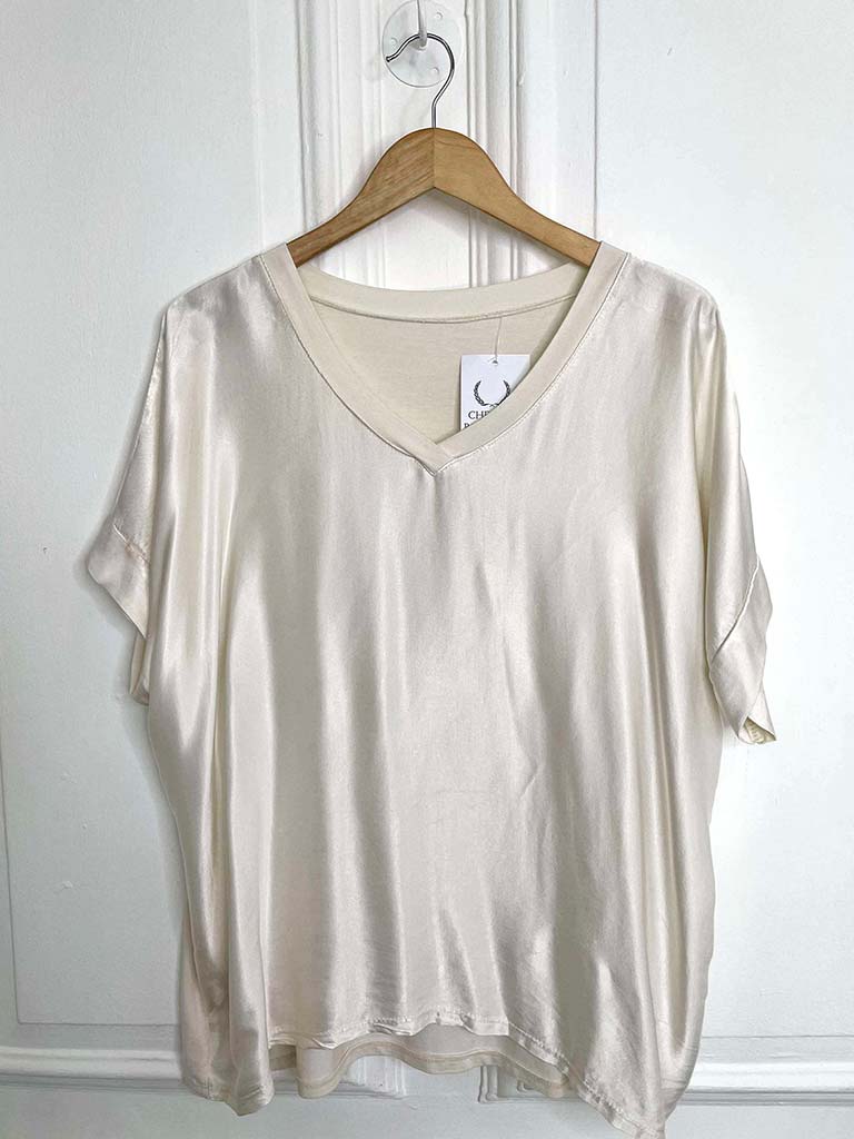 Silk Feel V-Neck Top - Champagne