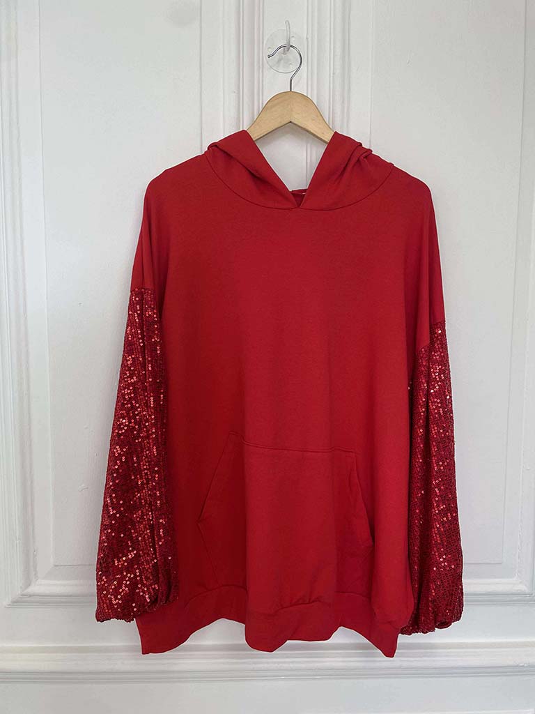 Sequin Sleeve Hoodie - Scarlet