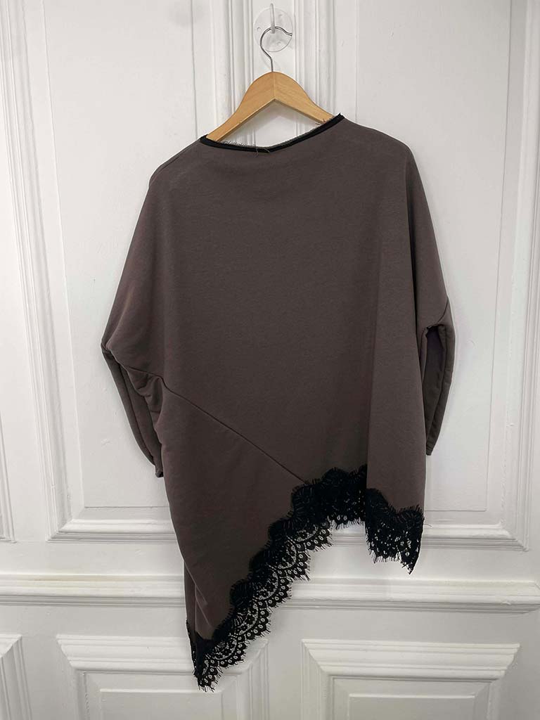 Lace Hem Asymmetric Top - Chocolate