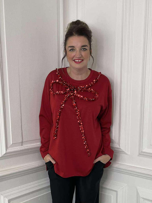 Malissa J Embellished Bow Jersey Top - Wine