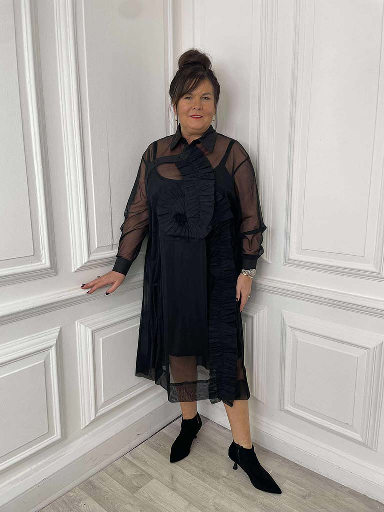 Malissa J Sheer Pleat Shirt Dress - Black