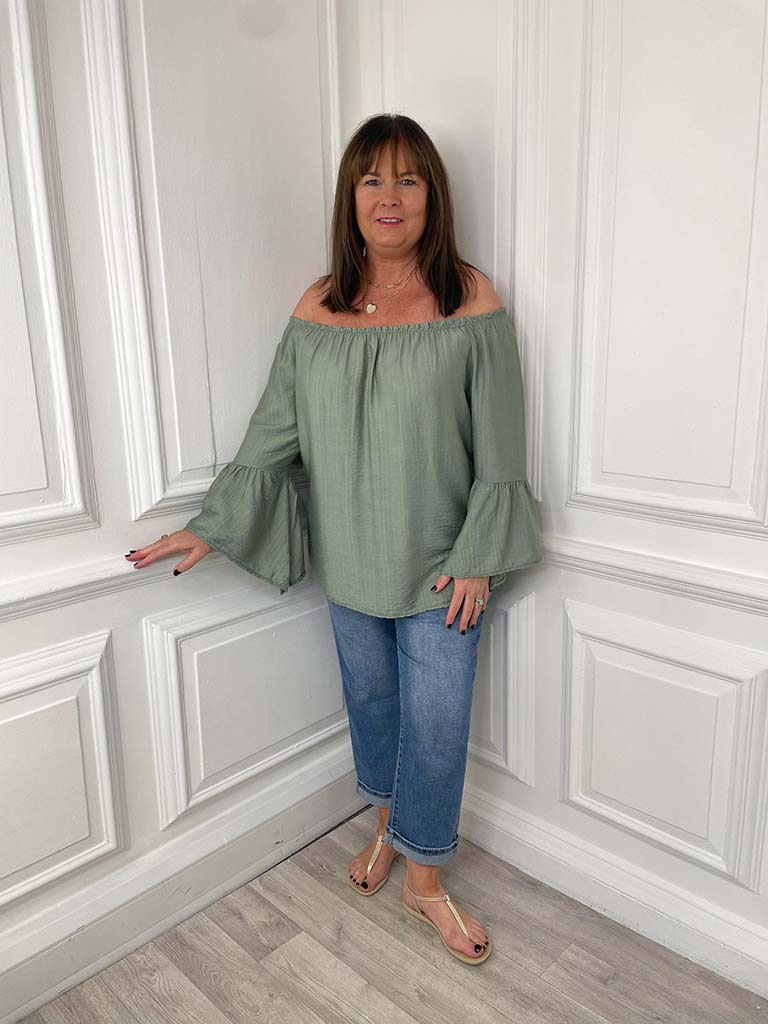 Bardot Frill Sleeve Top - Khaki