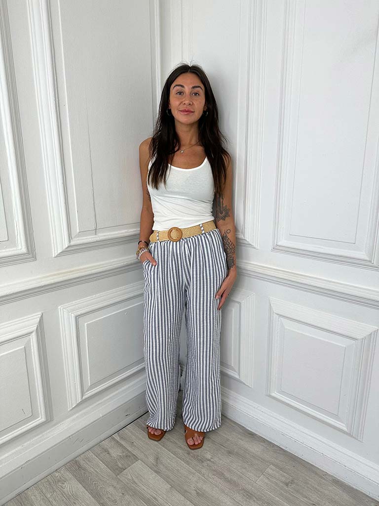 Stripe Wide Leg Trousers - Navy
