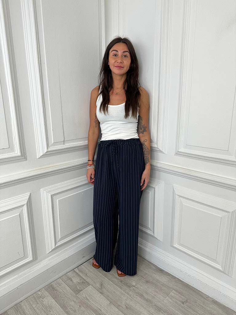 Wide Leg Pinstripe Trousers - Navy