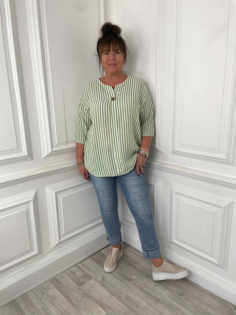 Stripe Button Top - Avocado