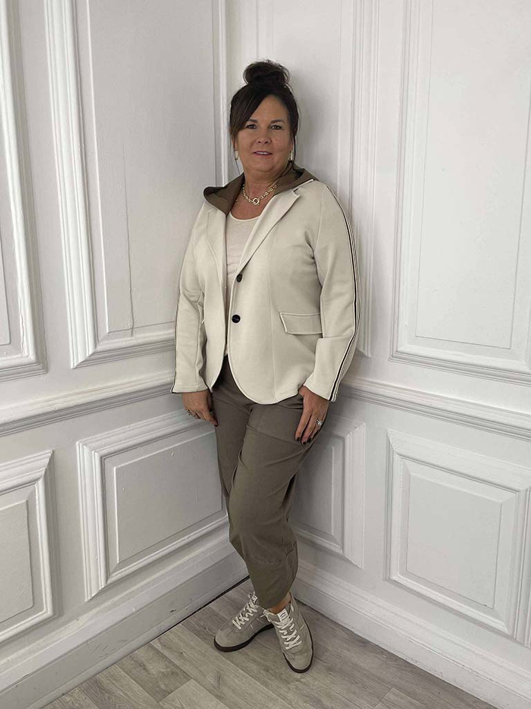 Hooded Stripe Sleeve Blazer - Stone