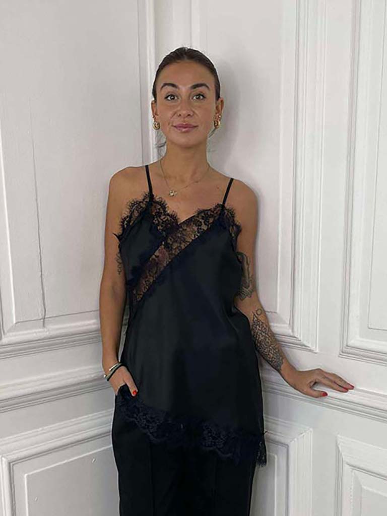 Lace Trim Asymmetric Cami Top - Black