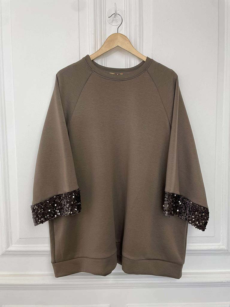 Sequin Cuff Sweatshirt - Mocha
