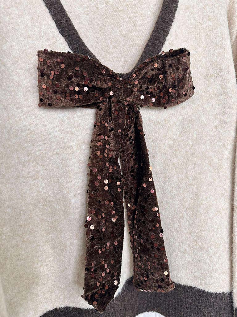 V-Neck Sequin Bow Knit - Stone