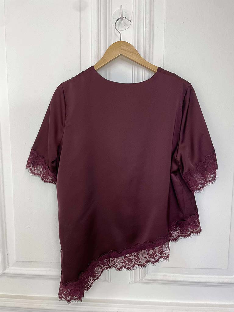 Lace Trim Asymmetric Top - Burgundy