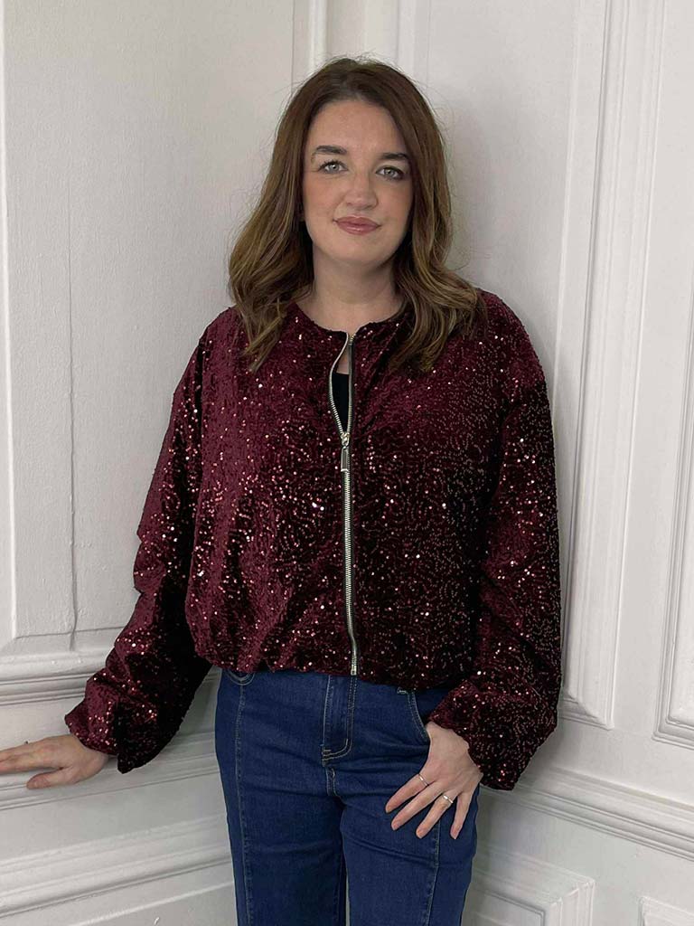 Sequin Bomber Jacket - Burgundy