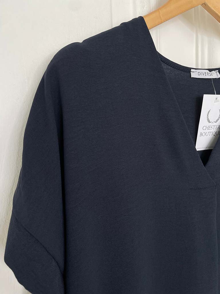 V-Neck Pleat Front Top - Navy