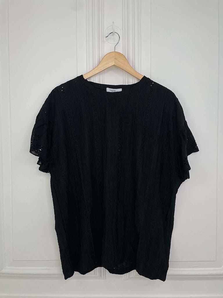 Broderie Anglaise Frill Sleeve Tee - Black