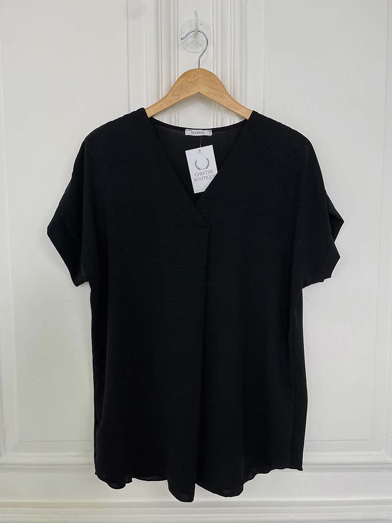 V-Neck Pleat Front Top - Black