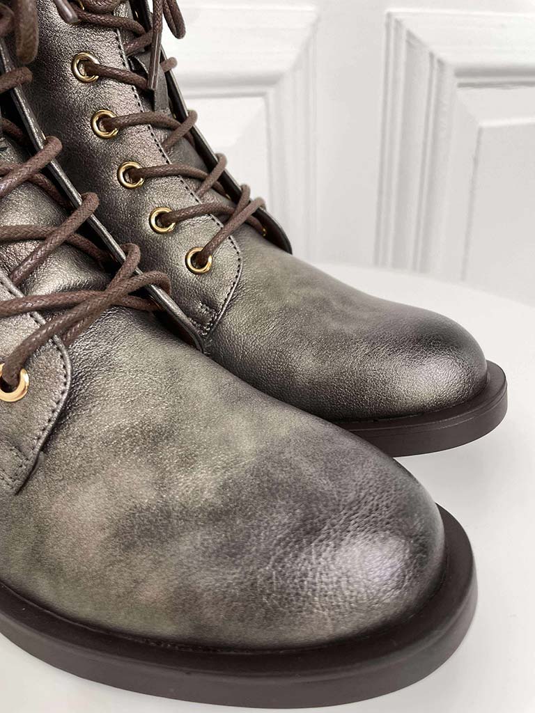 Faux Leather Lace Up Boots - Pewter