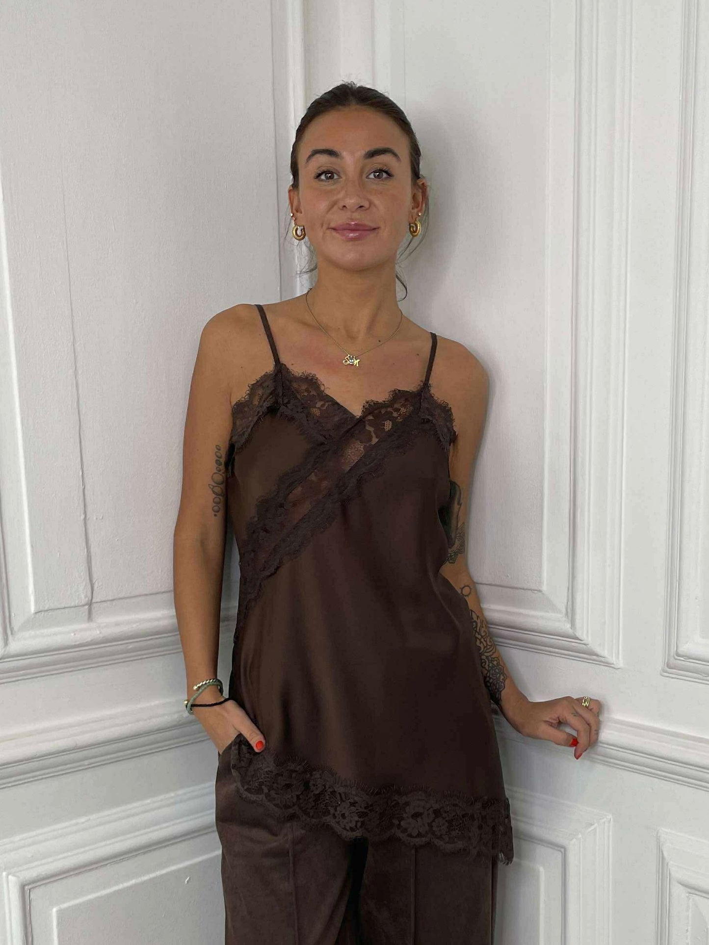Lace Trim Asymmetric Cami Top - Chocolate