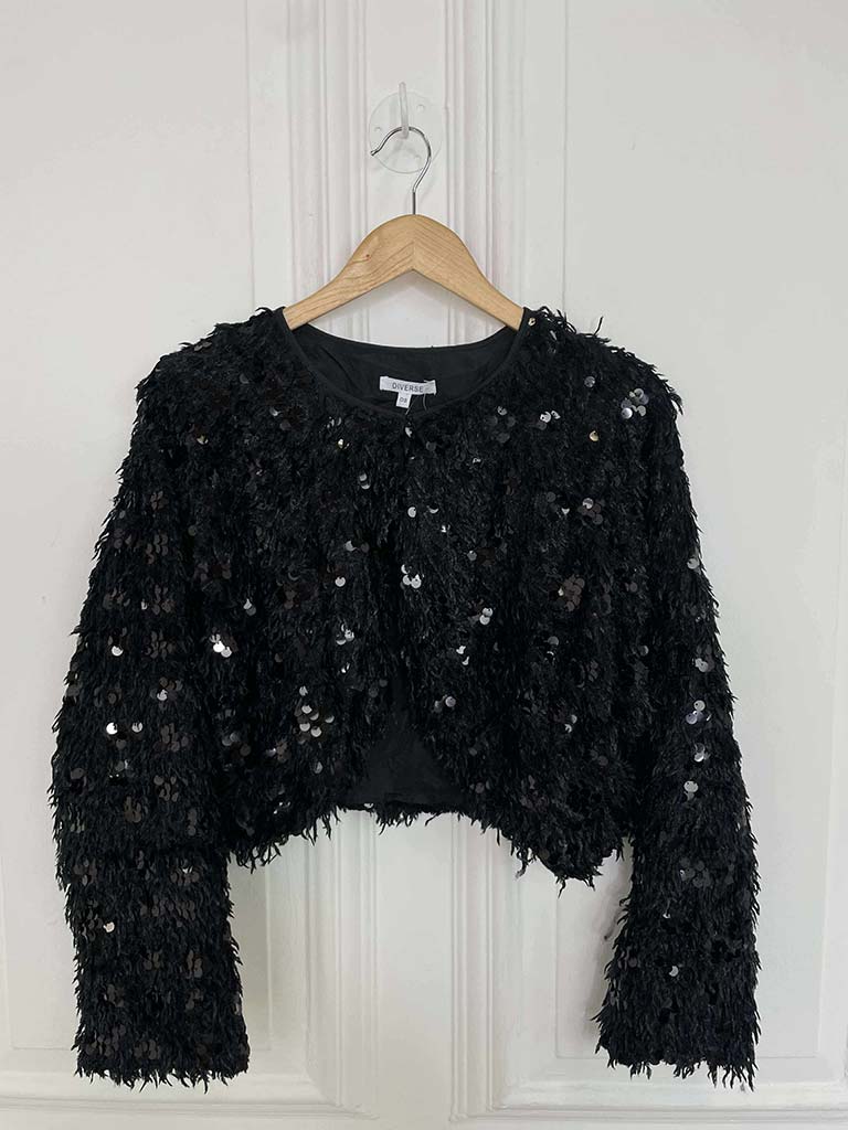 Cropped Faux Feather Sequin Jacket - Black
