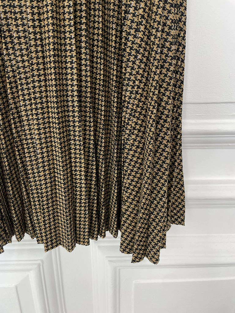 Houndstooth Pleated Skirt - Camel