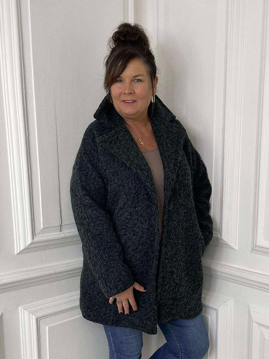 Lapel Collar Felted Coat - Charcoal