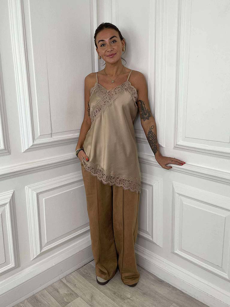 Lace Trim Asymmetric Cami Top - Caramel
