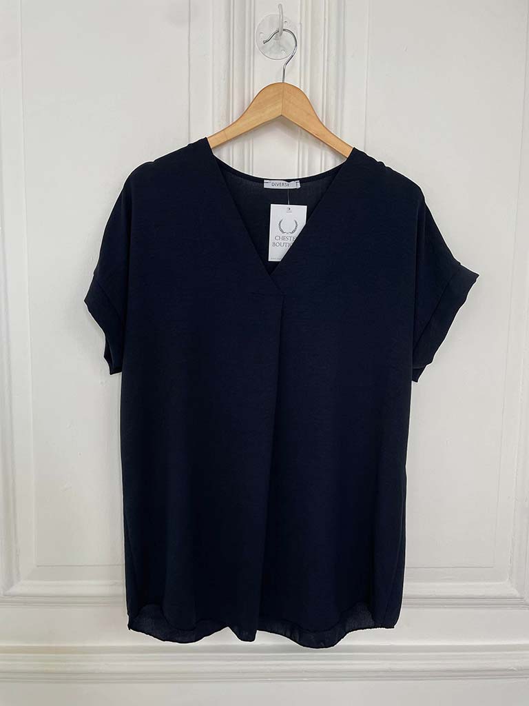 V-Neck Pleat Front Top - Navy