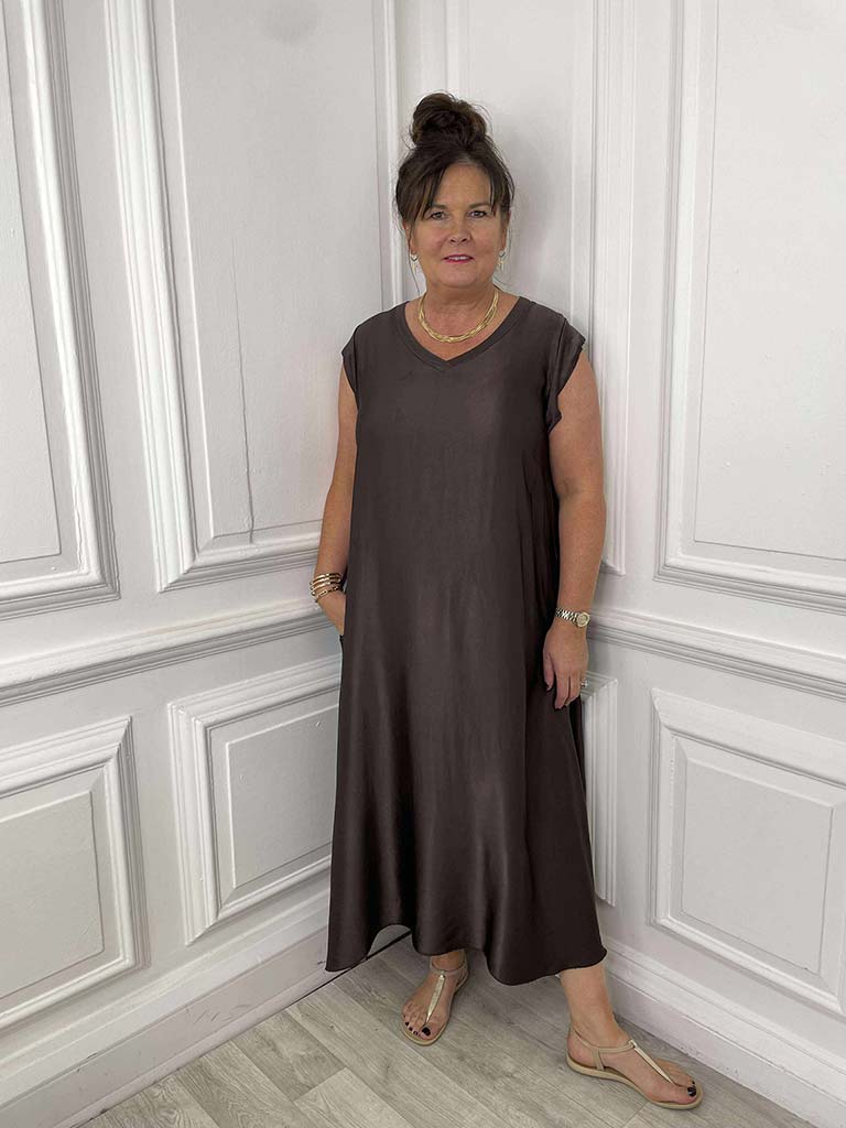 Silk Feel Midi Dress - Chocolate