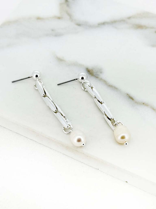 Envy Chain Drop Pearl Earrings - Silver