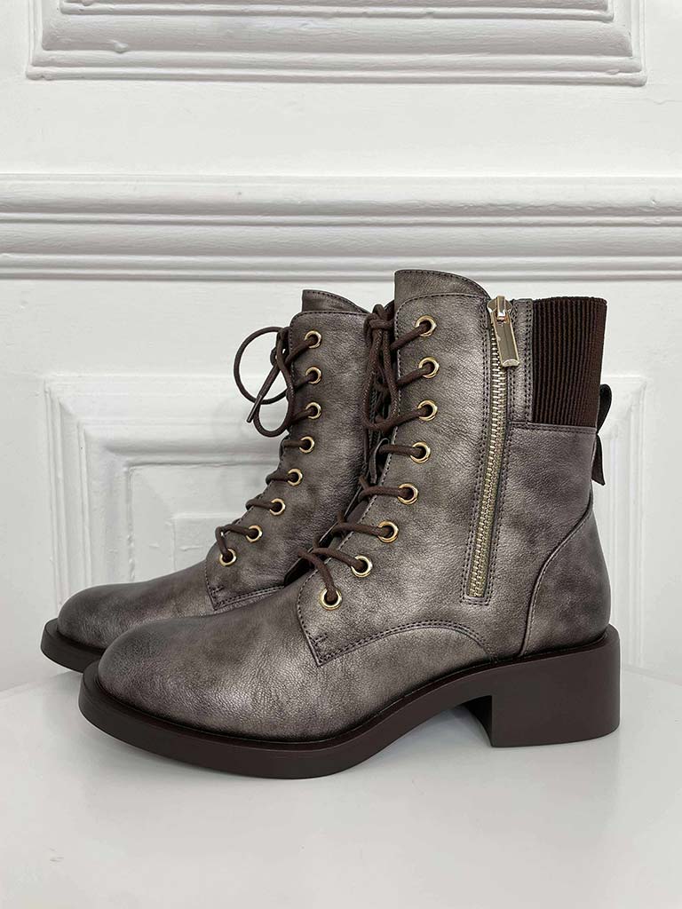 Faux Leather Lace Up Boots - Pewter
