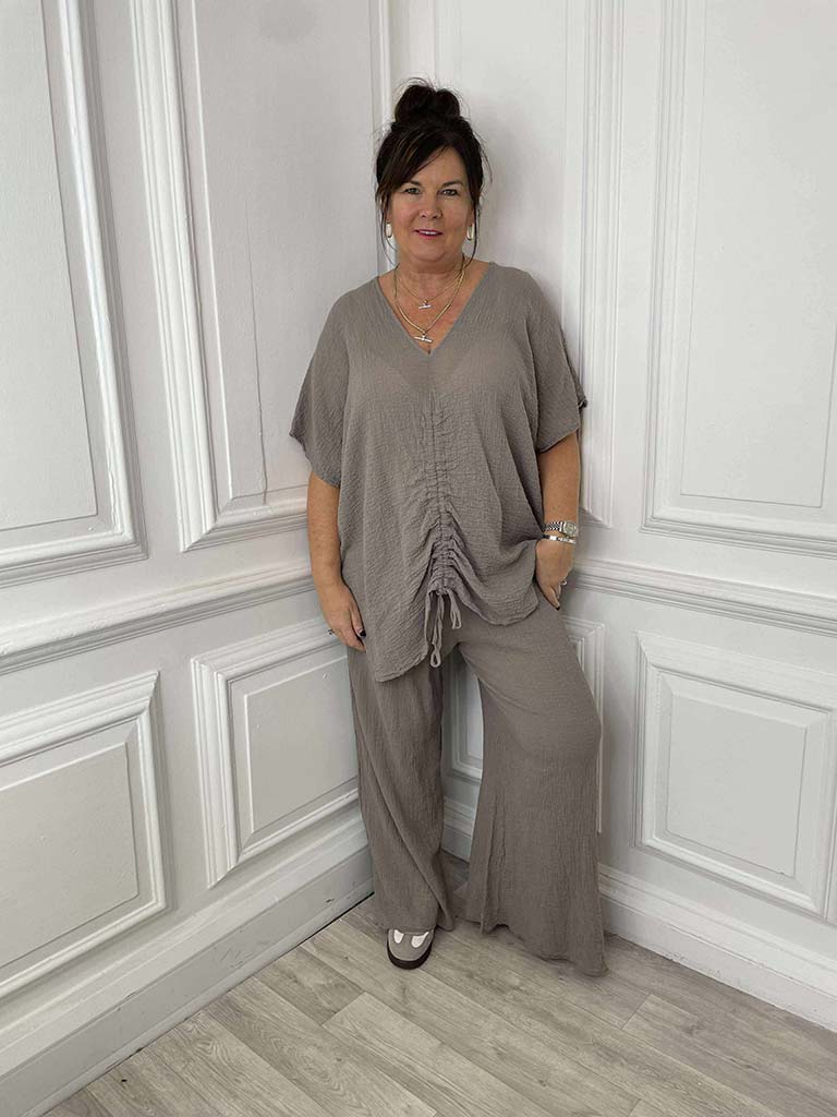 Seersucker Wide Leg Trousers - Driftwood