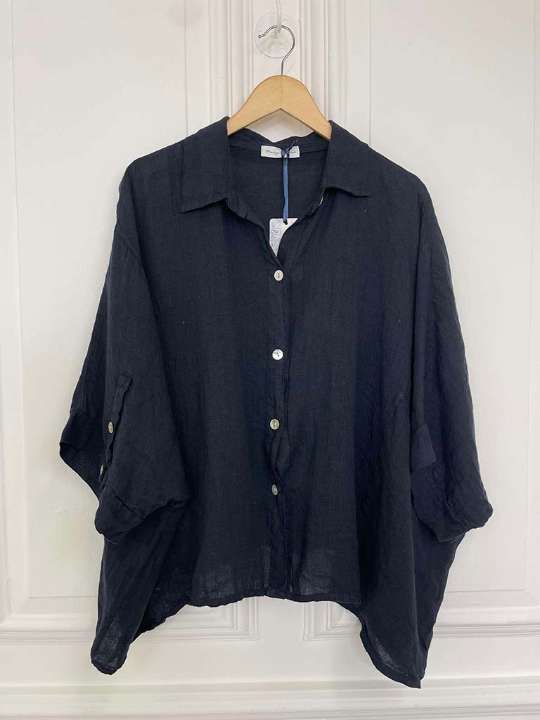Linen Batwing Shirt Jacket - Navy