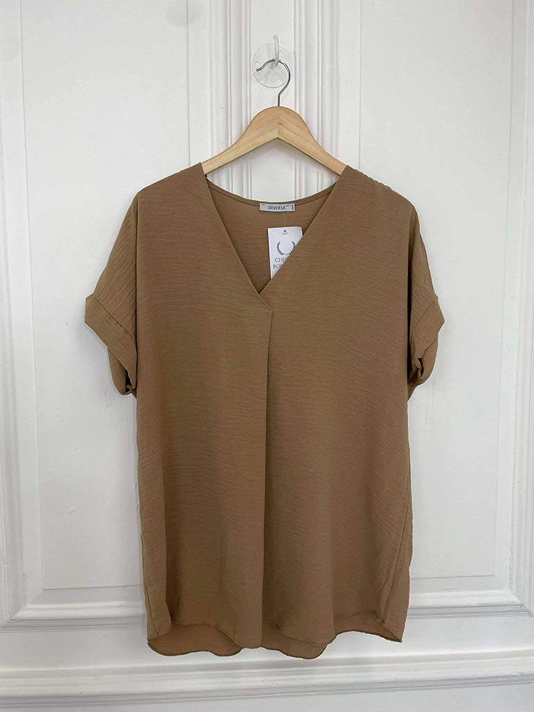 V-Neck Pleat Front Top - Caramel