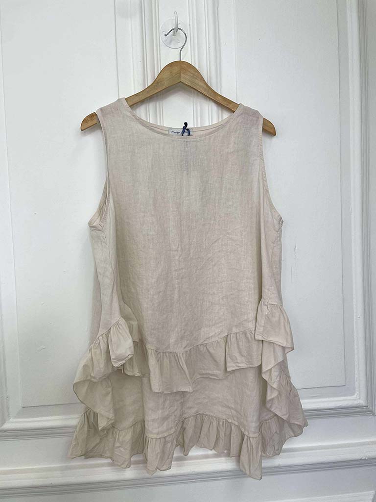 Linen Frill High Low Vest - Stone