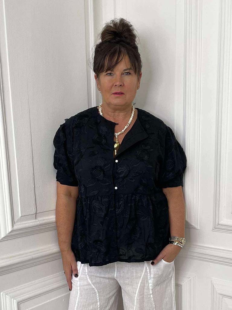 Floral Embroidery Smock Top - Black