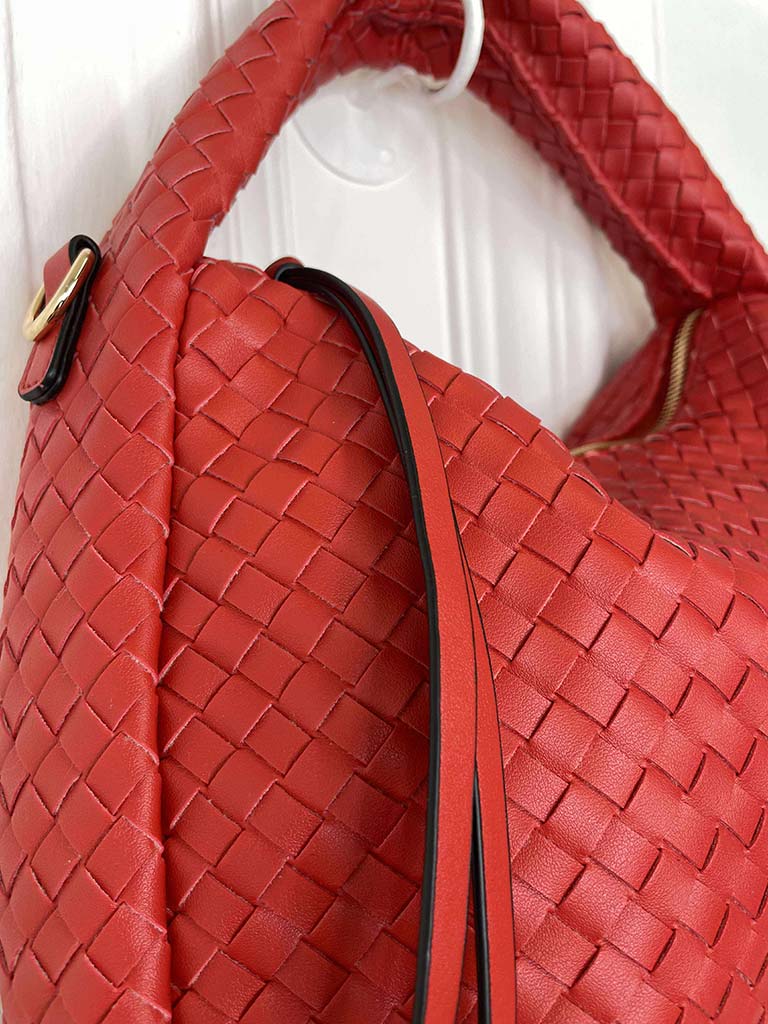 Woven Faux Leather Bag - Red