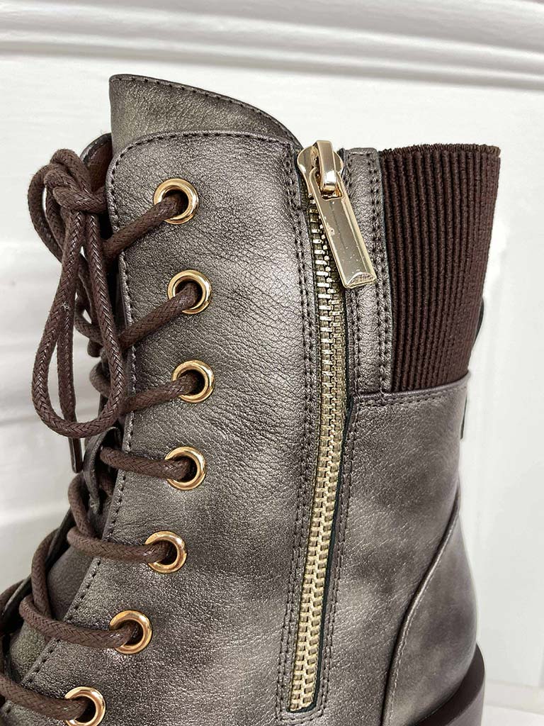 Faux Leather Lace Up Boots - Pewter