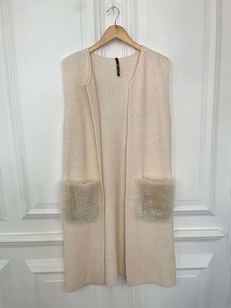 Faux Fur Pocket Knit Waistcoat - Cream