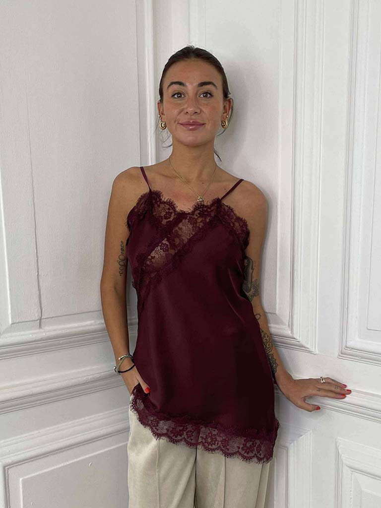 Lace Trim Asymmetric Cami Top - Plum