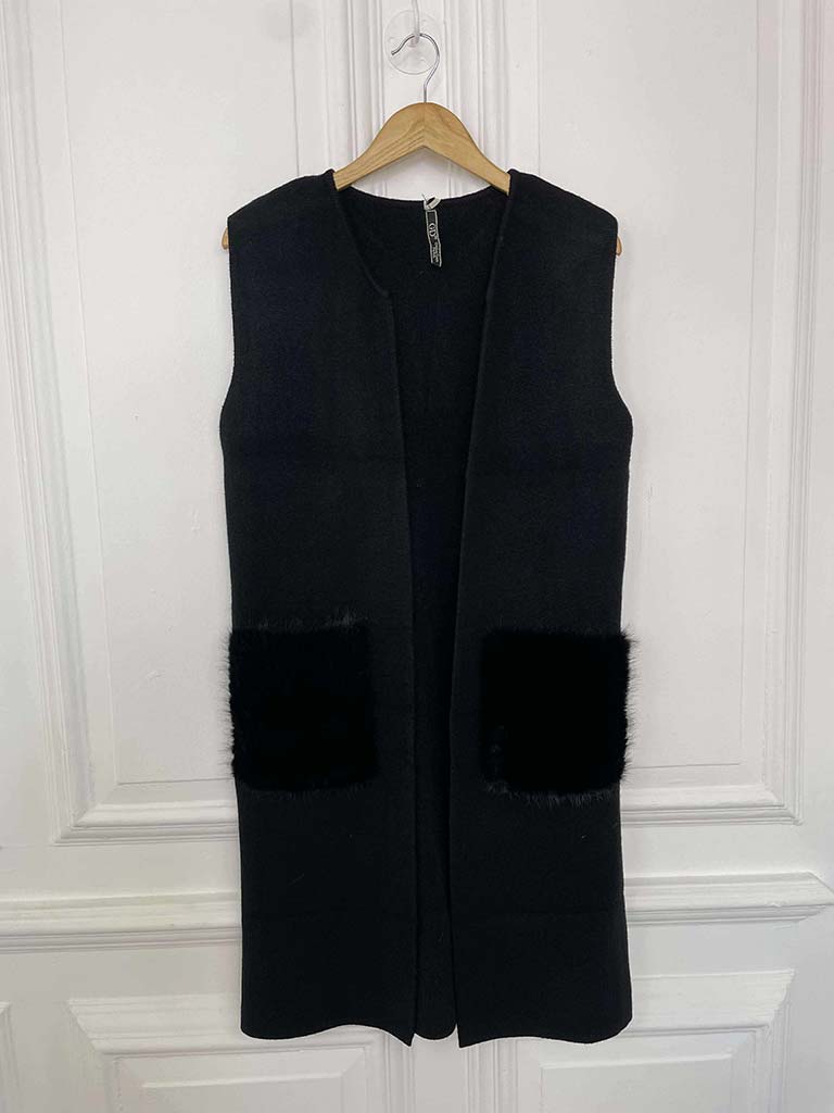 Faux Fur Pocket Knit Waistcoat - Black