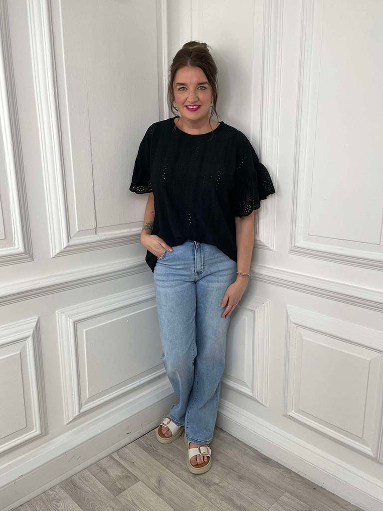 Broderie Anglaise Frill Sleeve Tee - Black