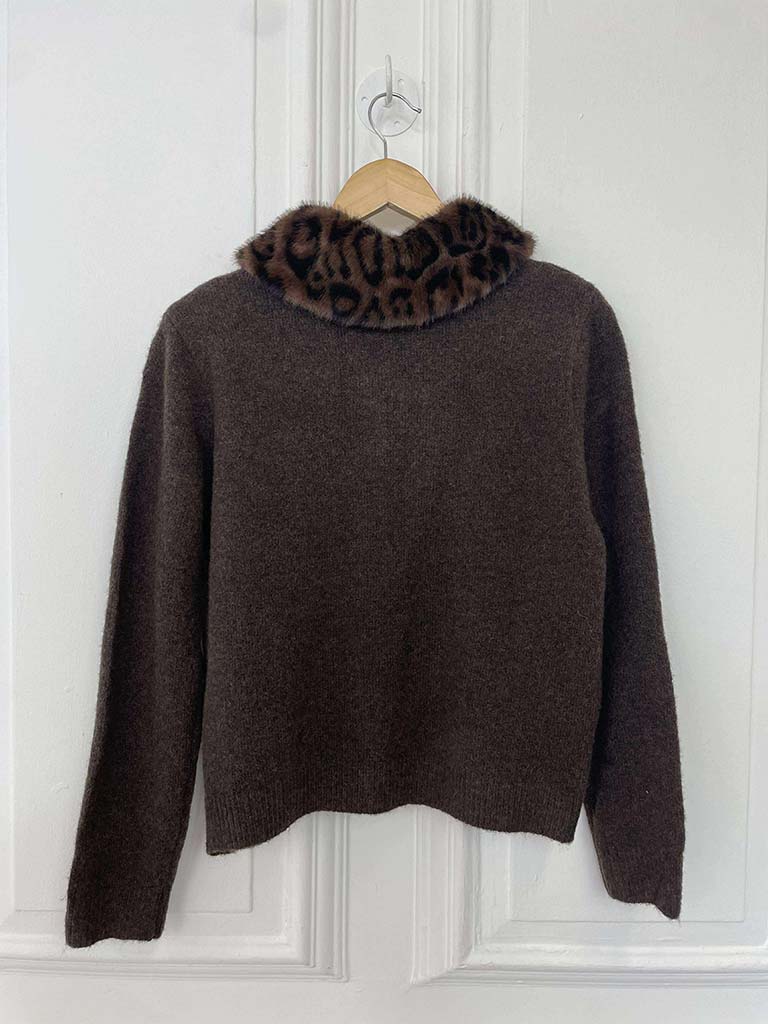 Faux Fur Collar Cardigan - Chocolate