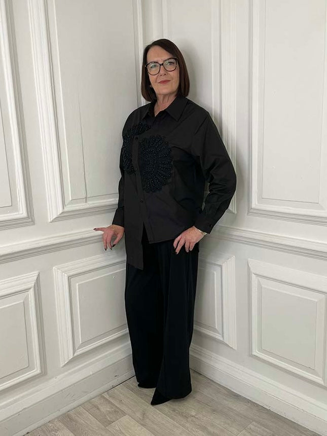 Malissa J Beaded Applique Shirt - Black