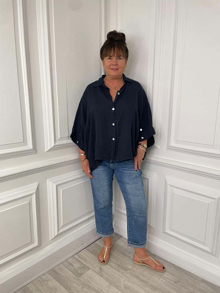 Linen Batwing Shirt Jacket - Navy