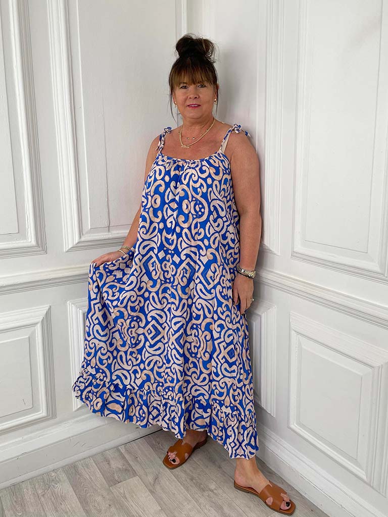 Tie Strap Printed Dress - Royal Blue
