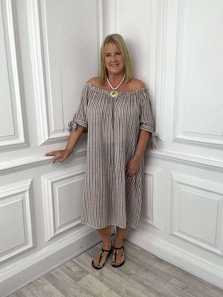 Cotton Stripe Bardot Dress - Mocha