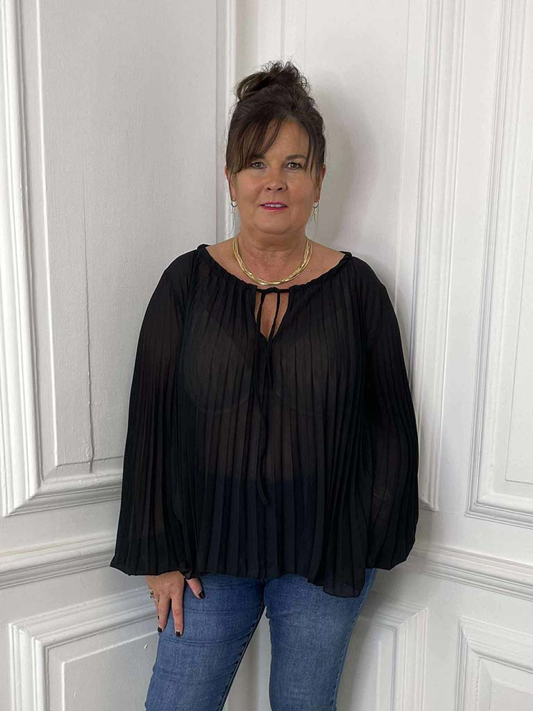 Pleat Balloon Sleeve Top - Black