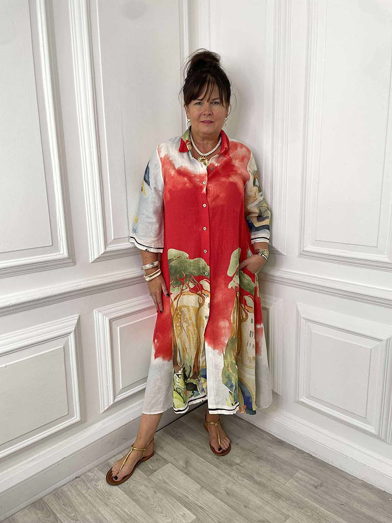 Positano Linen Shirt Dress - Cherry
